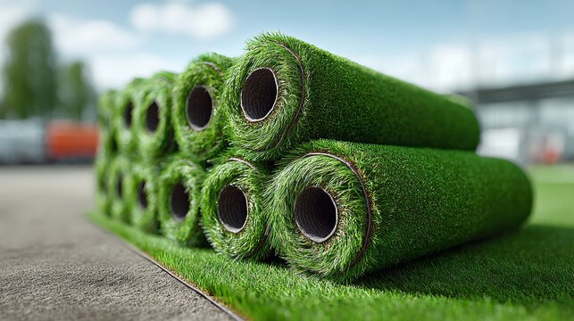 Freshly rolled turf grass stacked neatly in an outdoor supplier yard, showcasing vibrant green texture and realistic daylight with subtle shadows enhancing product quality