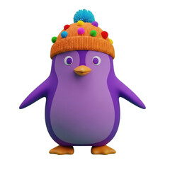 Obraz premium Adorable purple penguin wearing a colorful knit hat