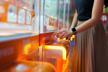 Person playing arcade claw machine for prize