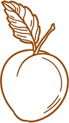 Line art illustration of a ripe peach with a stem and a single leaf