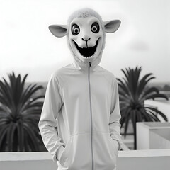 Person wearing sheep mask and white tracksuit on rooftop