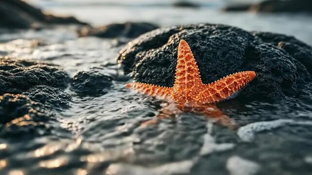 Starfish on coastal rocks embraced by ocean waves at sunset