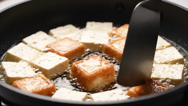 Tofu cubes being deep-fried in a black pan with a spatula, viewed from above in a kitchen setting