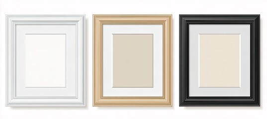 Three decorative picture frames with white, beige, and black borders
