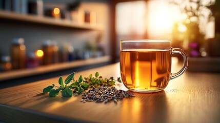 Warm Herbal Tea with Sunlit Table.
