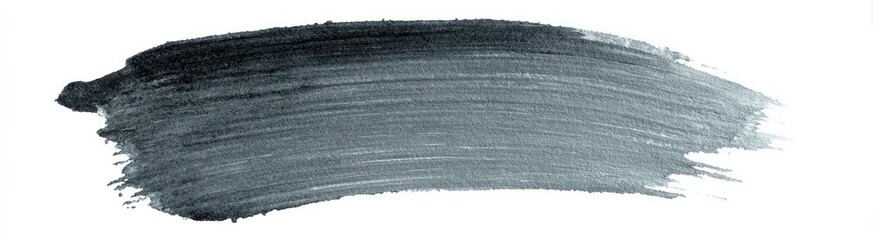 A grayscale brushstroke with a dark, textured end that fades to a lighter tone, on white
