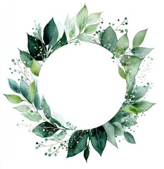 Watercolor foliage wreath of varying green leaves encircling a white circle on a white background