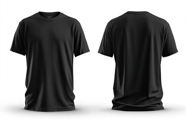 A black t-shirt, front and back views, isolated on a white background, plain design