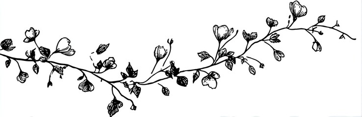 A delicate black and white illustration of a flowering vine, gracefully arched across the space