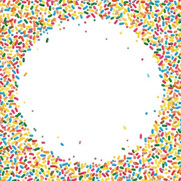 A ring of colorful, elongated sprinkles surrounds a white, circular space
