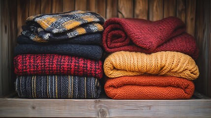 Warm Knitted Sweaters and Plaid Shirts Stacked Neatly on a Wooden Shelf.