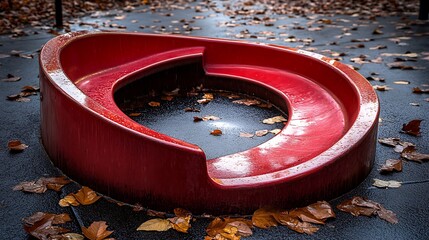 Wet Red Bench with Autumn Leaves.