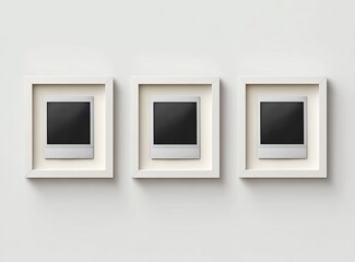 Three framed blank instant photos on a white wall, shadows
