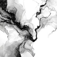 Abstract black and white ink art with flowing lines and wispy textures, resembling clouds
