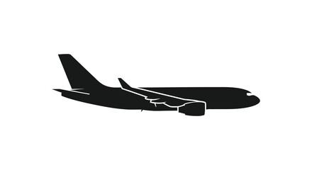 A stark black silhouette of a passenger airplane is prominently displayed against a clean white background capturing a sense of flight silhouette