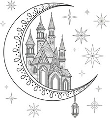 Fototapeta premium Whimsical Gothic Castle on an Ornate Crescent Moon with a Hanging Lantern.