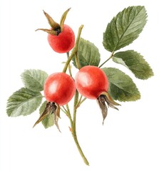Watercolor illustration of a branch with red rose hips and green leaves, isolated