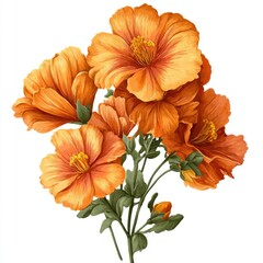 A cluster of vibrant orange flowers with yellow centers and green foliage against white