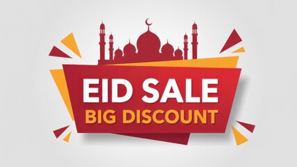 Eid Sale banner with mosque silhouette and big discount text on a light gray background