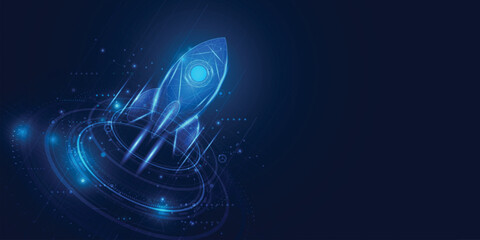 Futuristic neon-blue wireframe rocket launch with digital interface on dark background. Symbolizes innovation, startup growth, and space technology.