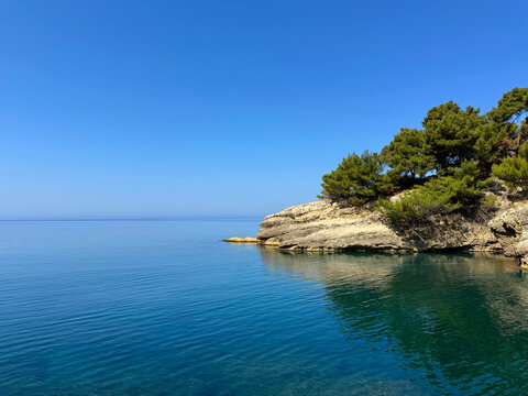 Rocky shoreline with pine trees and Adriatic sea clear blue water.