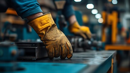 Workers hand with yellow glove.