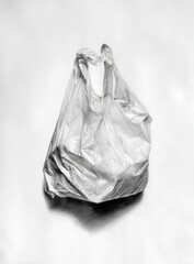 Realistic grayscale drawing of a crumpled, transparent plastic bag casting a shadow