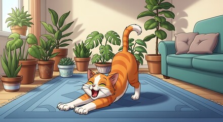 Happy Orange Cat Stretching Among Indoor Plants in Sunny Room.