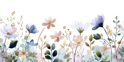 Watercolor illustration of a meadow, featuring various flowers and greenery against a white background