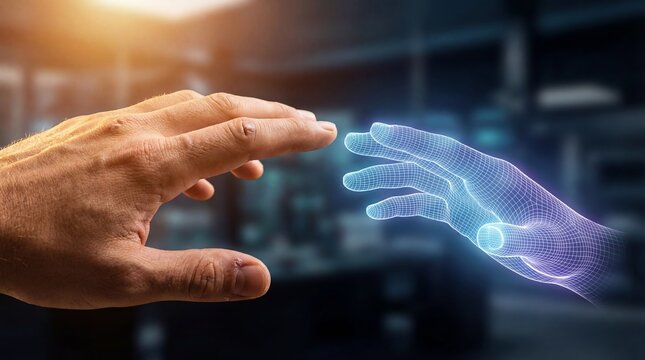 Human hand touching futuristic digital hand with glowing blue lines in a modern cityscape at sunset