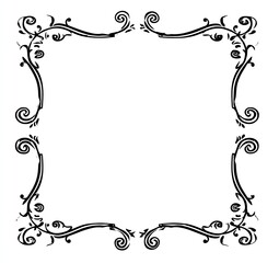 A black and white ornate floral frame with scrolling vines and flourishes