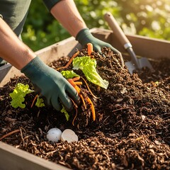 Gardener Composting Food Scraps in Raised Garden Bed for Sustainable Gardening.
