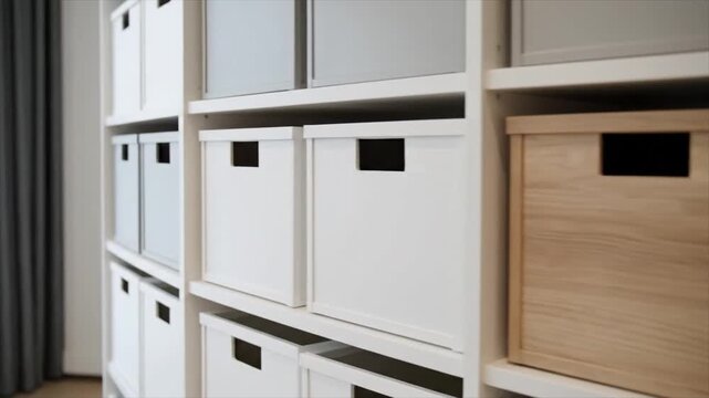 Shelves with white and wooden storage boxes in a minimalist interior viewed from the side