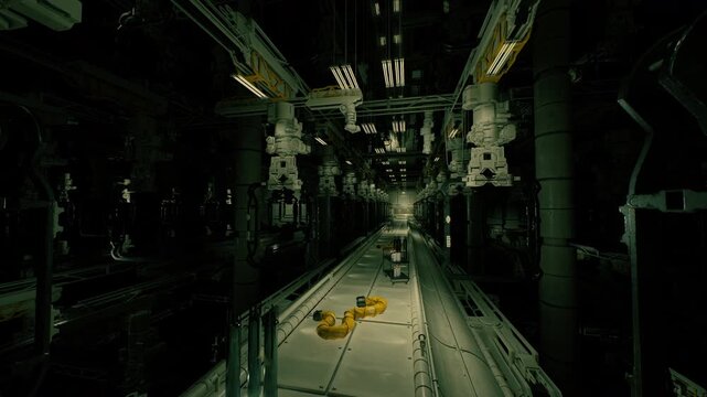 narrow maintenance corridor illuminated by green fixtures, service robot performing diagnostic sweep along rail, scattered tools and wet floor panels, tense