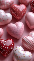 Obraz premium Glossy red and pink hearts with polka dots, perfect romantic background for Valentine’s Day promotions and greetings
