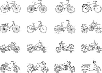 A variety of bicycles and motorcycles are arranged in an organized fashion, emphasizing the design.