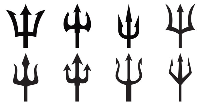 Black Trident Icon Set Trishul Pitchfork Hindu Religious Devil Symbol Vector
 Illustration Collection