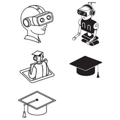 Future of Education Icon Set: Virtual Reality Learning, AI Robots, and Graduation Symbols