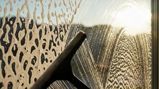 Person cleaning a window with a squeegee on a sunny day outdoors