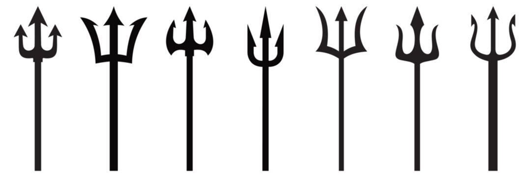 Black Trident Icon Set Trishul Pitchfork Hindu Religious Devil Symbol Vector
 Illustration Collection