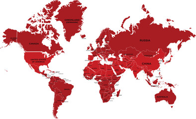 Red Political World Map Vector with Country Names - Isolated Global Geography Illustration