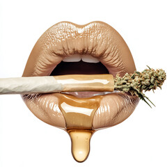 Glossy lips holding a joint with dripping honey