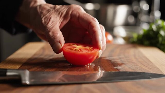 Chef's hands preparing a fresh tomato on a wooden cutting board with a knife