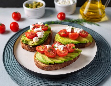avocado tosts with tomatoes and feta