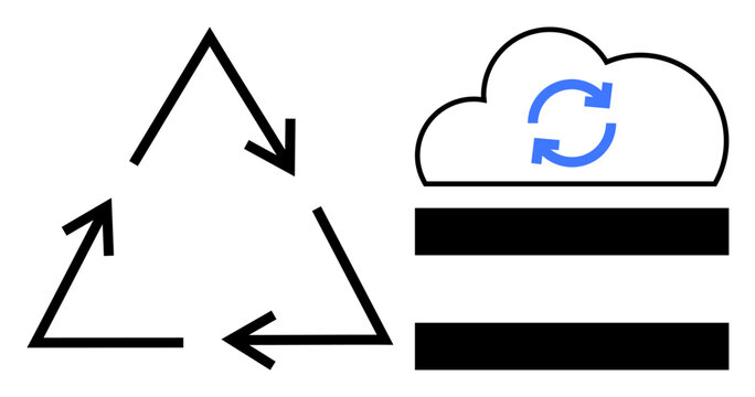 Black recycling triangle with arrows alongside a cloud with sync icon overlines. Ideal for sustainability, eco-efficiency, data management, green technology, circular economy, cloud computing, simple