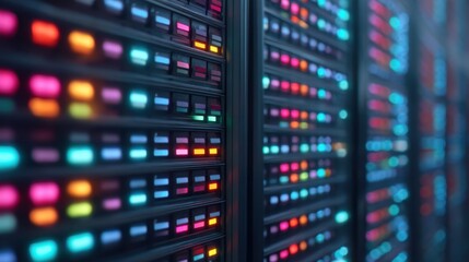 Naklejka premium Colorful Fiber Optic Cables and Lights in a High-Tech Server Rack Area with Advanced Technology Components