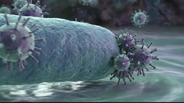 Detailed Visualization of Bacteriophage Attacking Bacteria Cells with Purple and Green Hues on Textured Background