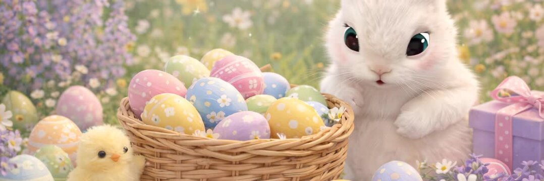 Cute Easter bunny with basket of colorful eggs in spring meadow and clear copy space, festive website banner for Easter holiday promotions, greetings