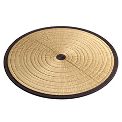 Circular woven mat with concentric design and dark border against black background