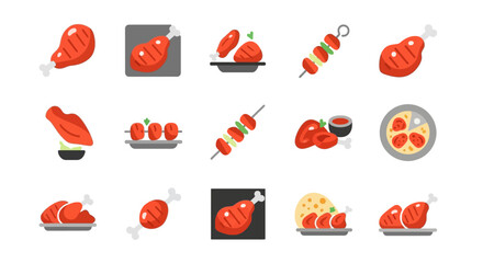Roasted chicken and grilled meat icons set with kebab and poultry flat vector illustration © Karjani Creative
